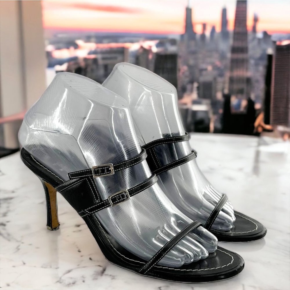 Lambertson Truex Black Leather Strappy Sandals Heels Slides Size 37.5